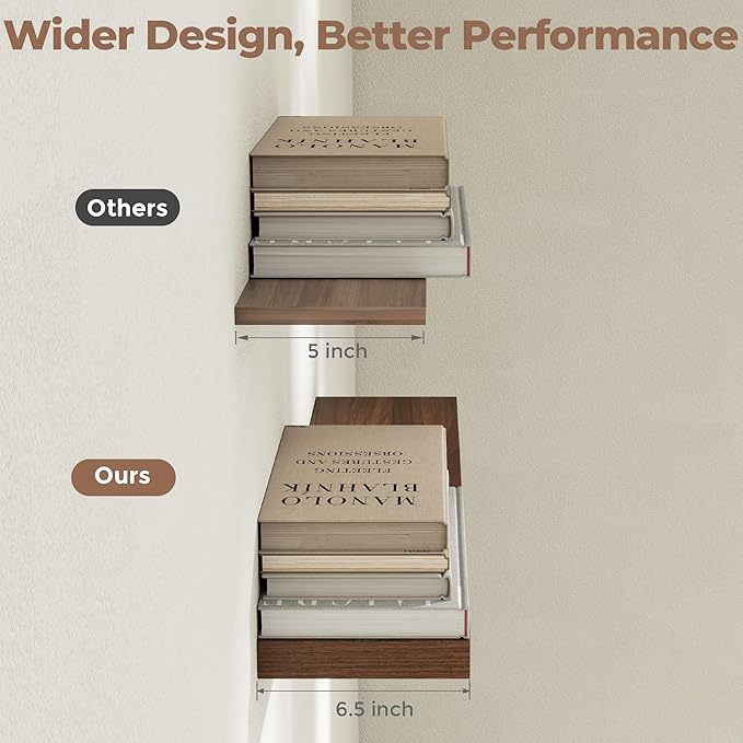 Venusmiles Floating Shelves for Wall, 32 Inch Floating Shelves Set of 2, 6.5" D Wooden Wall Mounted Display Shelves with Invisible Brackets for Living Room, Bedroom, Bathroom, Kitchen Decor, Walnut