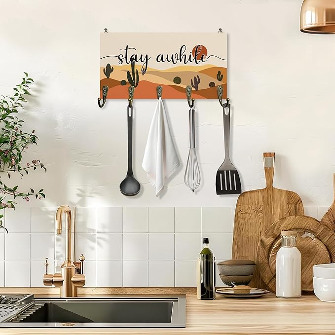 Stay While Sign Key Holder for Wall 10"x5.12", Inspirational Family Sign Key Hanger Wall Mount, Boho Western Landscape Wooden Hanging Keys Holder Decor for Entryway Front Door（5 Hooks）