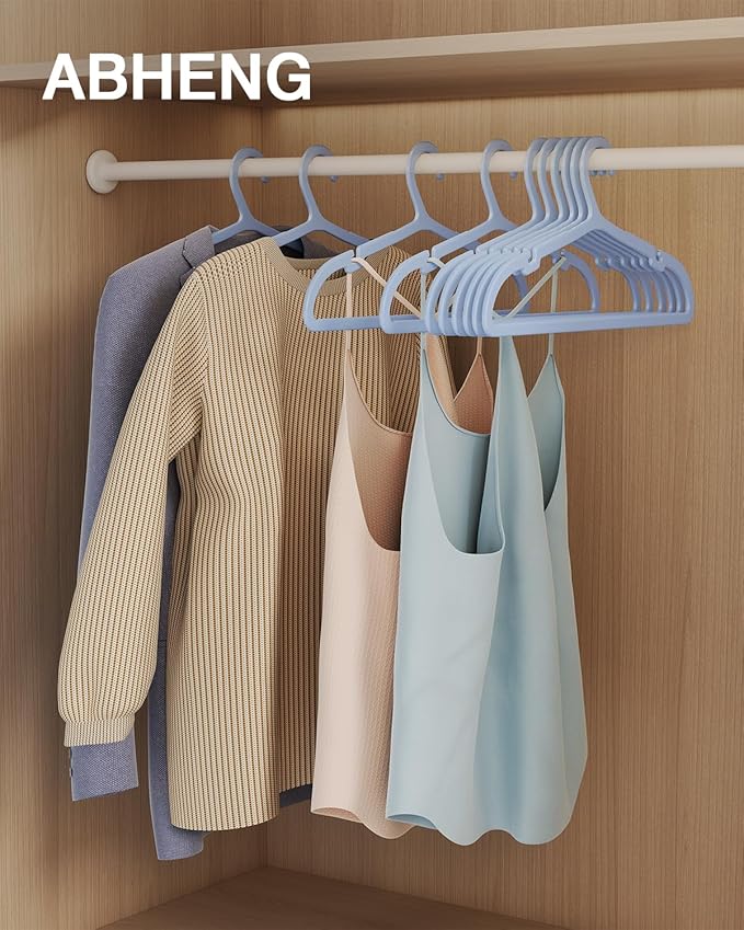 ABHENG 100 Pack Clothes Hangers, Non Slip Plastic Coat Hangers, Space Saving, Heavy Duty, Hanging Dry Wet Clothes, 16.4" x 8.3", Light Blue, UAPY05100L