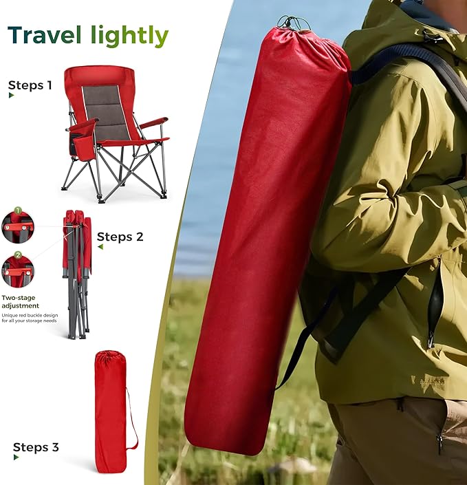 ALPHA CAMP Oversized Folding Camping Chairs for Adults High Backrest Heavy Duty Lawn Chairs Support 500 LBS Portable Camp Chairs with Cup Holders Large Side Pocket Outdoor Chair 2 Pack