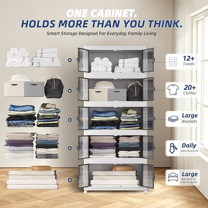SAILUN 145Gal/580Qt Stackable Storage Bins Folding Collapsible Storage Bins with a Lid, Closet Organizers and Storage,White 26" W x 17" D x 71" H