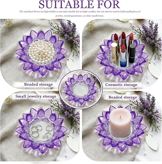Crystal Flower Jewelry Tray, Transparent Decorative Trinket Dish for Rings, Earrings, Necklaces, Keys for Vanity Dresser Nightstand, Elegant Gift for Women Mother's Day (1, 6.3"(W)- Purple)