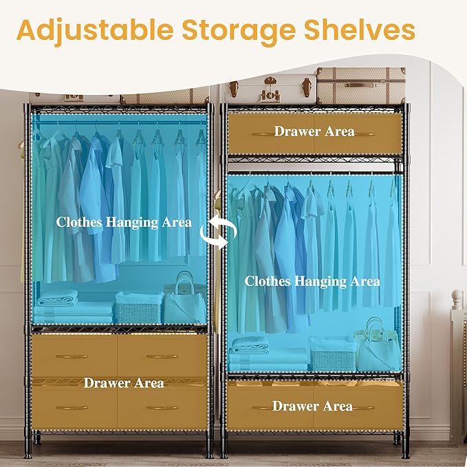 35-Inch Freestanding Garment Rack with Adjustable Shelves and Four Fabric Drawers, Heavy Duty Clothing Organizer for Bedroom, Closet, or Dorm, Black