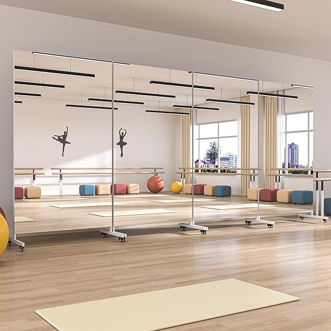 Hasipu Home Gym Mirror 360° Swivel on Wheels, 74.8" x 27.5" Extra Large Full Body Rolling Mirror for Yoga Studio, Bedroom, Dancing Studio, White