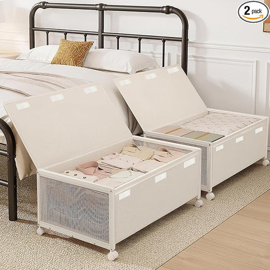 2 Pack Under the Bed Storage Containers,12 inch Height Under Bed Shoe Storage,31inch Long Underbed Storage with Wheels,Large Rolling under bed Clothes Storage Drawers with Lid for Dorm Tall,Ivory