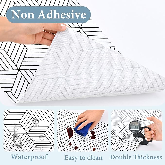 Shelf Liners for Kitchen Cabinets 17in x 30FT, Non Adhesive Cabinet Liner Strong Non-Slip Thickened Black White Geometric Drawer Liner, Easy to Clean for Shelf, Cabinet with Knife and Tape Measure