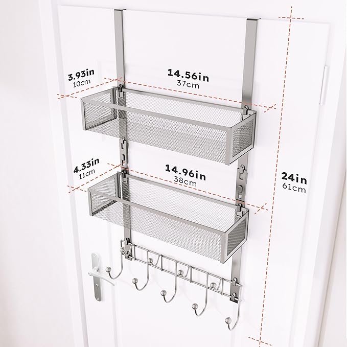 Consumest Over The Door Hooks Organizer - 3 Tier Door Hanger with 9 Coat Hooks & 2 Mesh Basket, Back Storage Organizer Hanging Towels for Bathroom, Bedroom, Sand Nickel