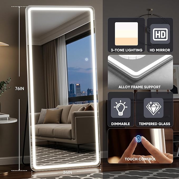 76"x34" Full Length Mirror with LED Lights, Dimmable Lighted Floor Mirror with 3 Color Lighting & Touch Control, Standing Wall Mounted Full Body Mirror, Tempered Glass for Bedroom, White