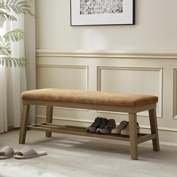 VKNOW Entryway Bench, 44.4" Upholstered Shoe Storage Bench for Entryway & Bedroom, Shoe Bench with Rubberwood Legs, Modern End of Bed Storage Bench for Living Room and Hallway, Orange