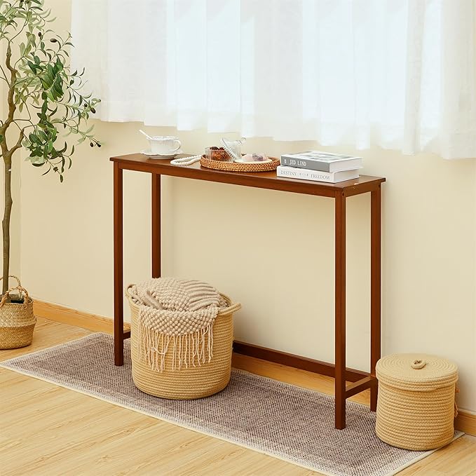 Bamboo Narrow Console Table, 39.4"(L) Wood Small Entryway Table, Accent Slim Hallway Tables, Thin Sofa Side Tables for Hallway, Living Room, Bedroom, Foyer, Walnut