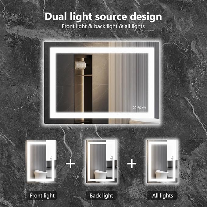 Sweetcrispy 20.1"x28.1" 1Smart Anti-Fog LED Bathroom Mirror with Front Light & Backlit, 3 Color Temperatures, Dimmable, Memory Function, Rectangle Modern Vanity Mirror