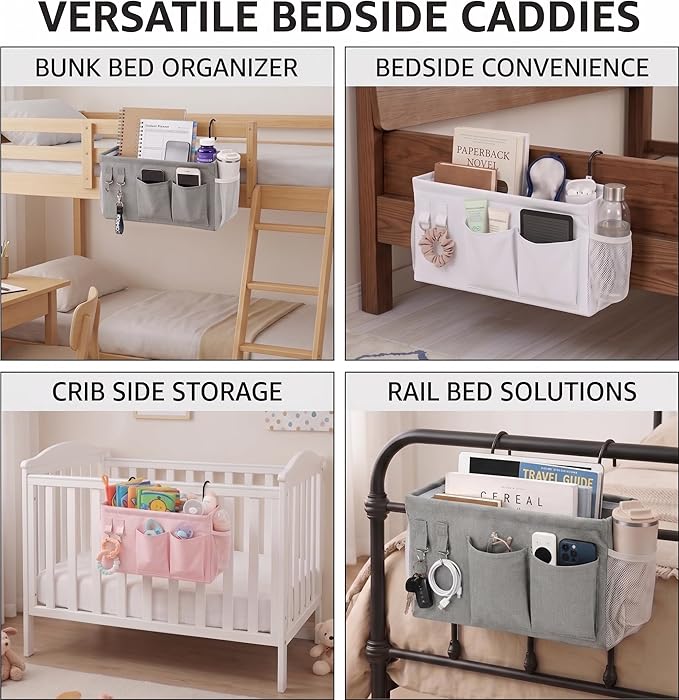 2pc Bedside Caddy Organizer with Hooks, No-Sagging Canvas Hanging Bed Pocket with Water Bottle Holder, Bedside Storage for Dorm Room Essentials, Bunk Bed Accessories, Hospital Bed Rails & Crib (pink)