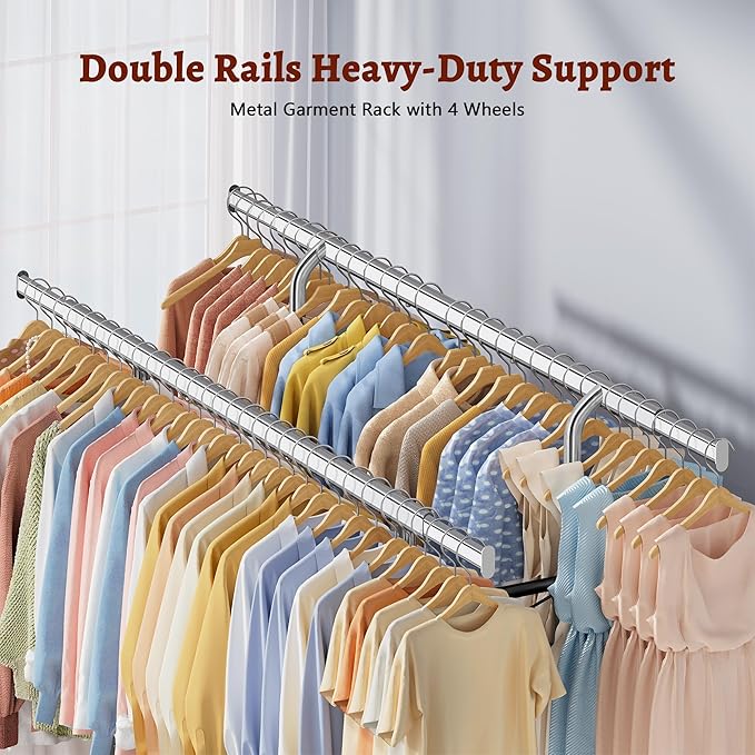 FAVOOSTY Clothes Rack for Hanging Clothes Double Rods, Rolling & Extending Clothing Rack with Wheels, Garment Coat Rack Freestanding, Portable Clothes Rack, Black