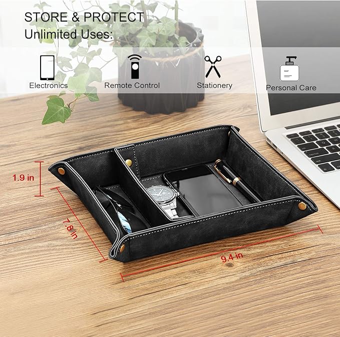 SITHON Valet Tray Desktop Storage Organizer, Removable 2 Compartments Catchall Tray Bedside Vanity Nightstand Caddy Holder Desk Storage Plate, Graduation, Black