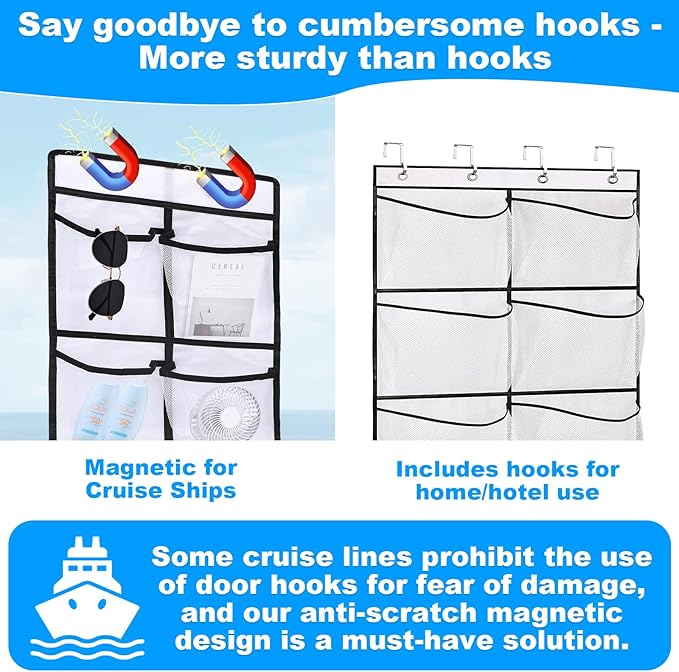 CTTZCKJ Over The Door Organizer For Cruise Ships|Magnetic Door Organizers with 14-Pocket for Cruise Ship|61"x11"|Cruise Over the Door Organizer,Magnetic Shoe Rack for Cruise,Behind-Door Storage