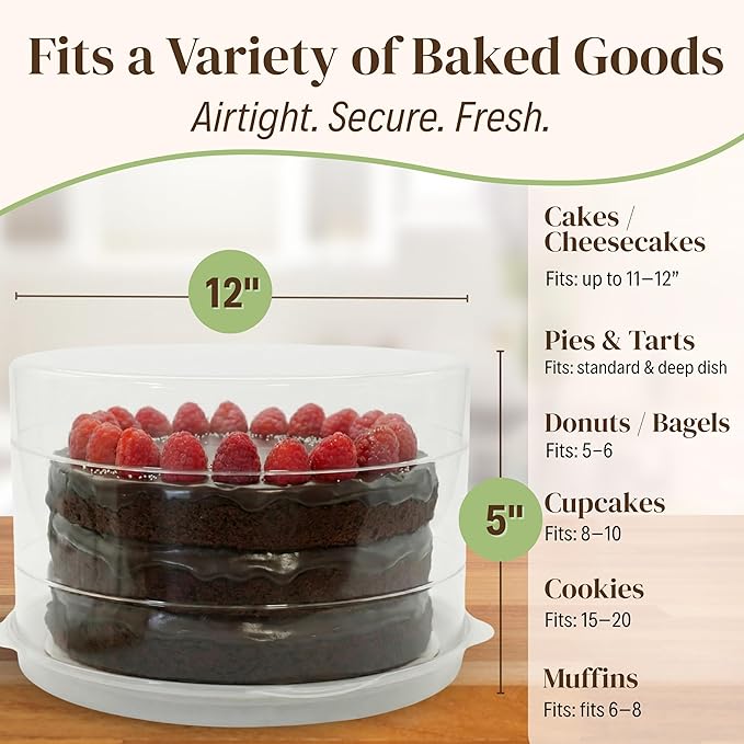 Evelots 2-Pack 12-Inch Airtight Cake Container with Lid - Portable Carrier for Pies, Cakes, Cupcakes & More - BPA-Free Clear Plastic - Secure & Easy Transport