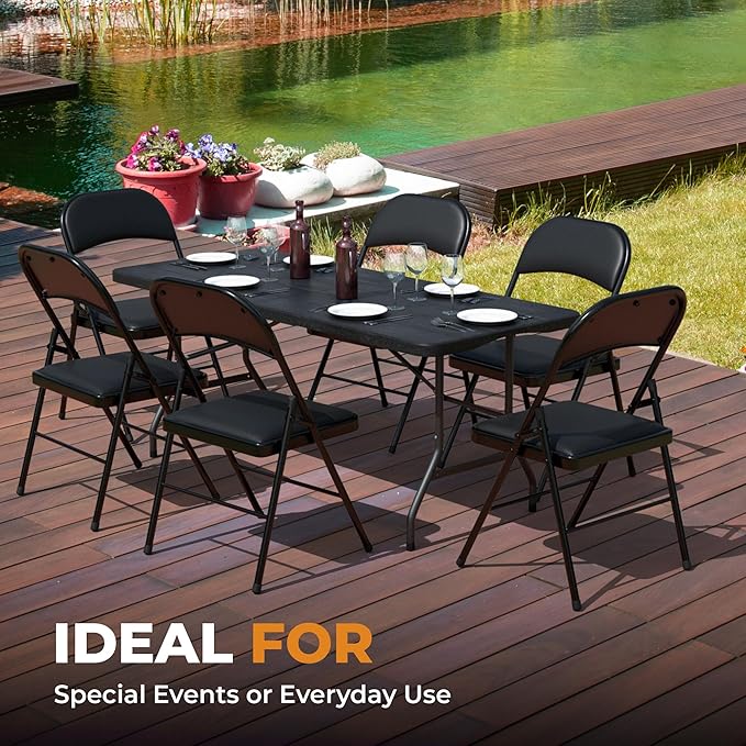 Our Modern Space 8 Pack Leather Chair | Foldable & Stackable | 350 lbs Capacity Steel Frame Seats for Indoor or Outdoor | Commercial Use Events Wedding Party Events Bulk Picnic Kitchen Dining - Black