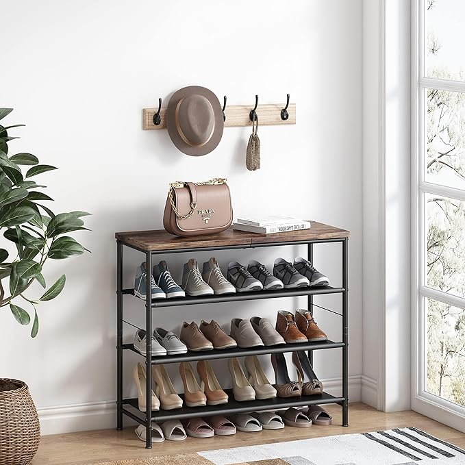 INGIORDAR Shoe Rack Organizer 4 Tier Metal Organizer Shelf with Industrial MDF Board and Layer Fabric for Entryway Closet Bedroom Living Room Garage,Black & Rustic Brown (Black+Rustic Brown, 4 Tier)