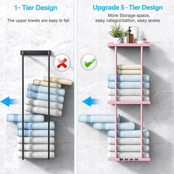 Towel Rack for Bathroom, Wall Mounted Vertical Rolled Towel Storage Organizer Holder with Shelf, Holds Up 6 Large Bath Sheets, Pink Large Size