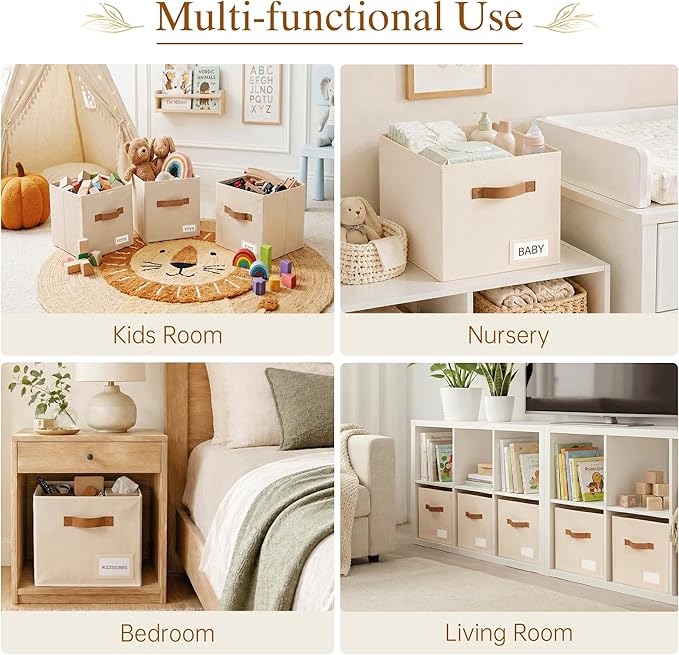 Storage Cubes 8 Pack, 11 Inch Fabric Storage Cubes Organizer Bins with Labels, Odor-Free & Sturdy PP Structure, Cubby Baskets for Closet, Shelves, Toys & Nursery (Beige)
