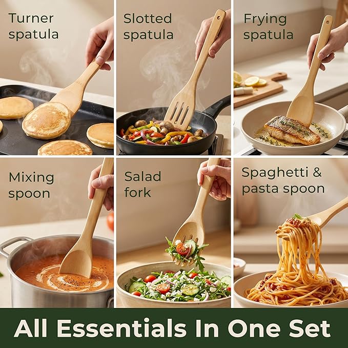 Bamboo Wooden Utensil Set, 6 Pcs - Nonstick Safe & Heat-Resistant Bamboo Utensils for Cooking - Easy to Clean & Sturdy Wooden Spoons for Cooking & Wood Spatula with Smooth Finish & Comfortable Handles