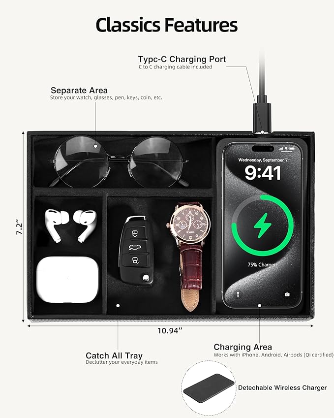 Valet Tray with Wireless Charger, Nightstand Organizer for Men, EDC Catchall Tray for Keys, Watch, Wallet, Jewellery, Premium Vegan Leather, Bedside Caddy, Stylish and Organized, Black