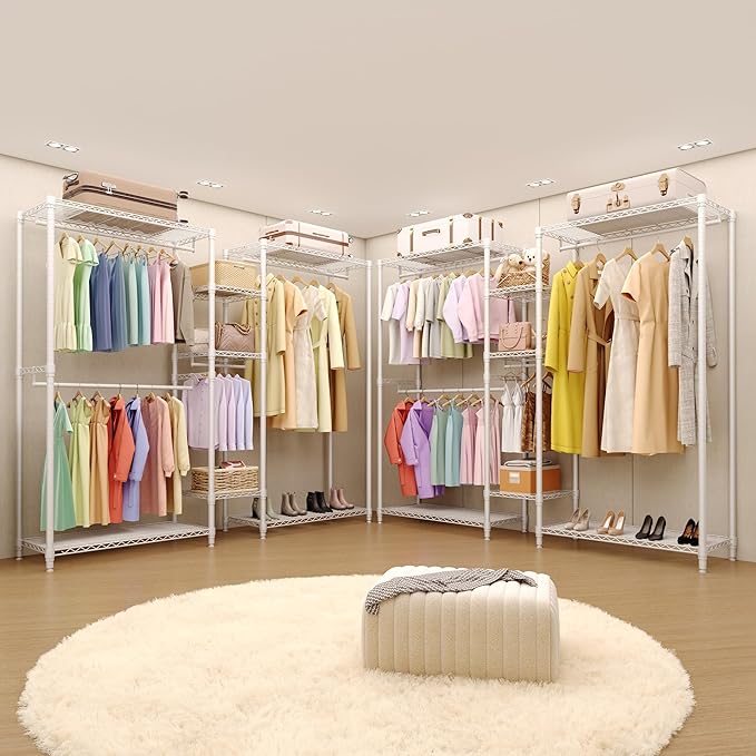 Freestanding Heavy Duty Garment Rack with Adjustable Shelves and Hanging Rods, Large 1630 Lbs Capacity Portable Closet Organizer for Bedroom or Cloakroom Storage, White