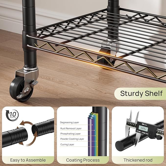 Heavy Duty Clothes Rack Rolling Garment Rack,2 Tier Adjustable Wire Shelving Clothing Racks for Hanging Clothes with Double Rods&Side Hooks,Freestanding Wardrobe Storage Rack Metal Portable Closet