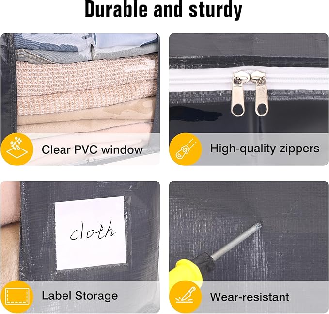 YGEOMER Blanket Storage Bags Clothes Organizers Closet Containers with Reinforced Handle for Clothing, Comforters, Bed Sheets, Pillows and Toys, Grey 60L 6 Pack