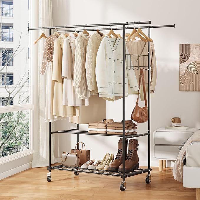 Double Rods Clothes Rack with Wheels, Heavy Duty Rolling Clothing Rack with Shelves and Side Hooks for Hanging Clothes Max Load 550 lbs, Black Metal Adjustable Portable Garment Rack
