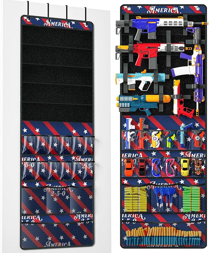 Over Door Toy Gun Storage, Hanging Organizer for Toy Guns, Toys Organizer with Pockets, Hook&Loop Straps for Foam Blasters, Darts, Goggle, Toys Storage Door Hanger for Kidroom, Gameroom