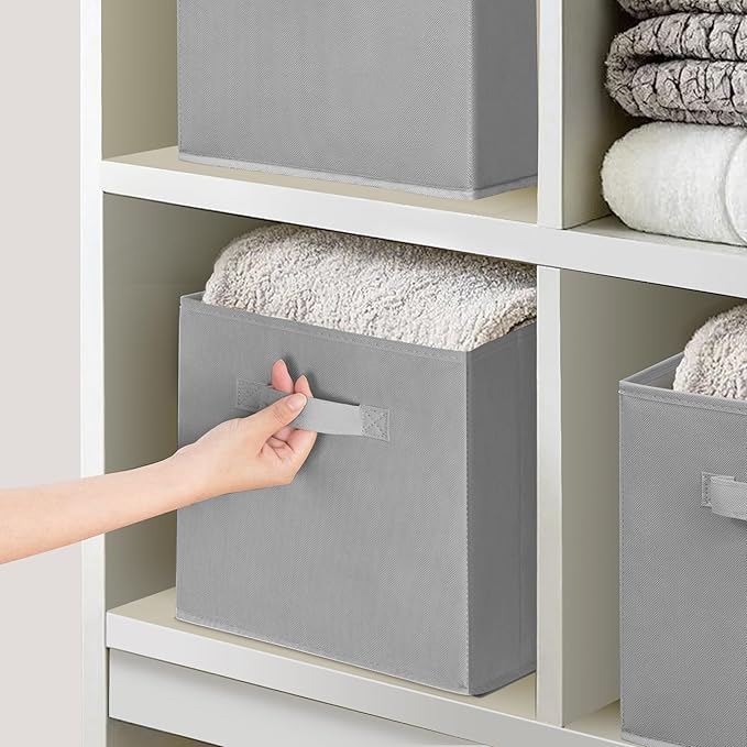 11 Inch Fabric Storage Bins, Storage Cubes, Collapsible Cube Storage Box, Fabric Closet Organizers with Handle for Home, Office, Shelf, Closets, Bedroom, Living Room, Grey, 5 Pack