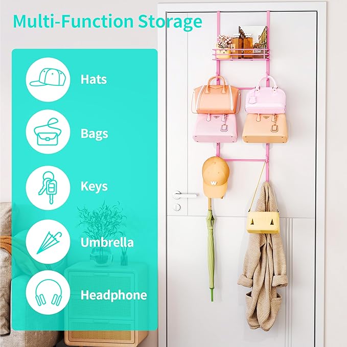 HapiRm Over the Door Purse Organizer - Wall Mounted Purse Rack with 10 Hooks and Metal Basket, Hanging Handbag Organizer Holds up to 10 Bags, Bag Rack Can Use As 1/2 Part, for Door, Closet (Pink)