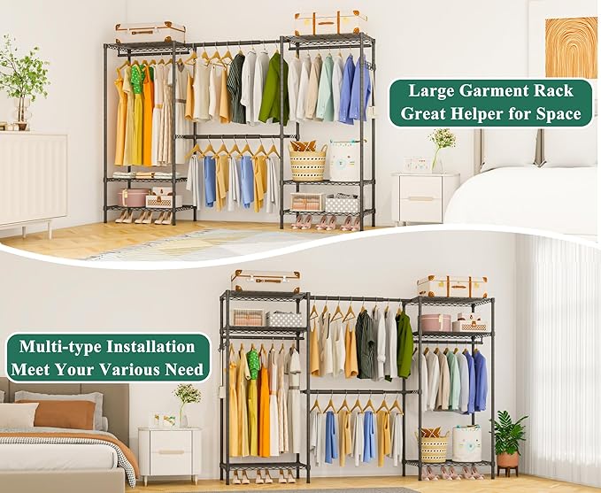 Heavy Duty Garment Rack, Portable Expandable Freestanding 4 Tiers Adjustable Wire Shelves Clothes Rack with 2 Retractable Poles, 70.9-86.6" L x 15.7" W x 76.8" H, Max Load 900LBS, Black