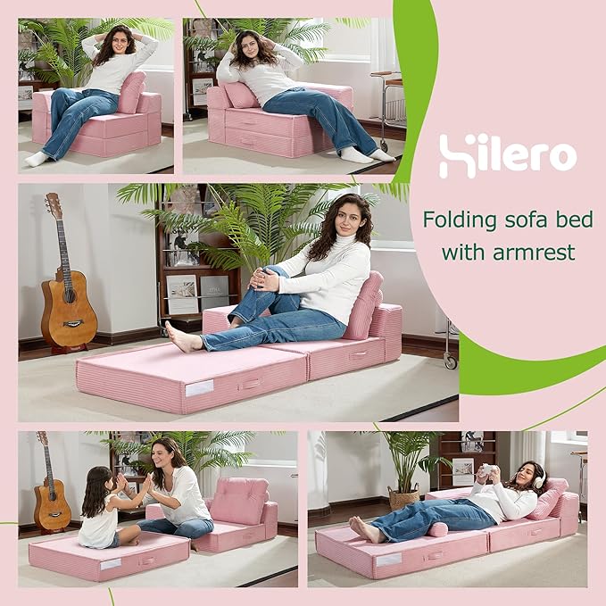 Folding Sofa Bed, 4 in 1 Convertible Sleeper Chair with Pillow, Standard Memory Foam Fold Out Chair Bed, Modern Floor Futon Sofa Couch Mattress for Living Room/Guest/Apartment, Pink