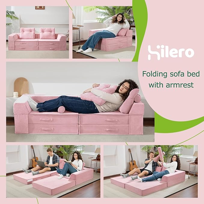 Folding Sofa Bed, 4 in 1 Convertible Sleeper Chair with Pillow, Loveseat Memory Foam Fold Out Chair Bed, Modern Floor Futon Sofa Couch Mattress for Living Room/Guest/Apartment, Pink