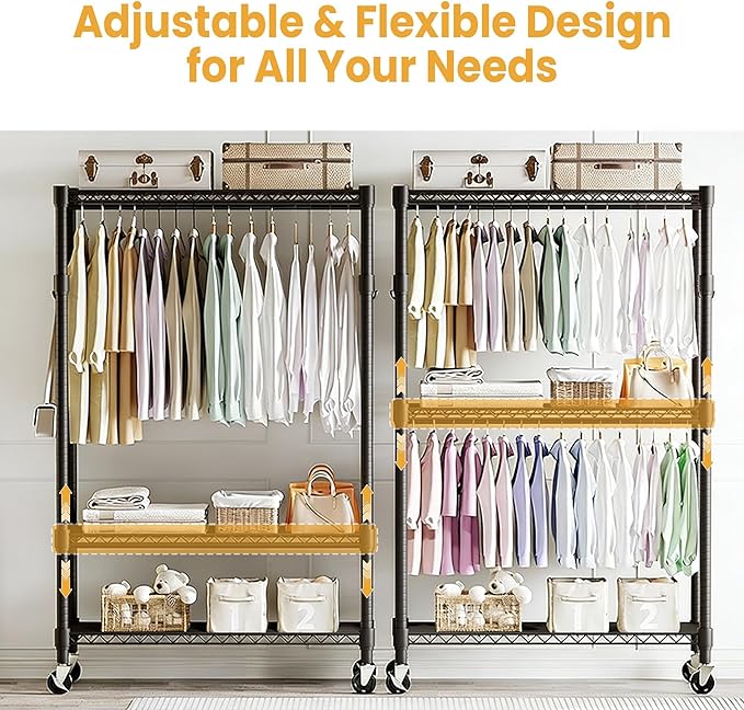 3-Tier Rolling Metal Garment Rack with Adjustable Shelves and Dual Hanging Rods, Heavy Duty Freestanding Clothing Organizer with Wheels for Bedroom, Closet, Dorm, or Laundry Room