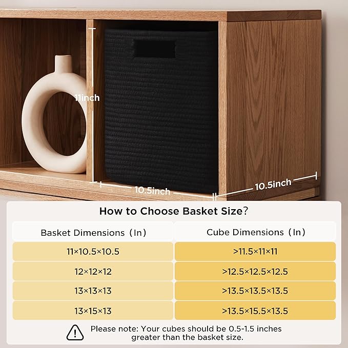 UBBCARE Set of 4 Storage Bins - 11 X 10.5 X 10.5 in, Cotton Rope Bins for Shelves, Toys, Books, Cube Storage with Handles, Woven Black Basket for Organizing
