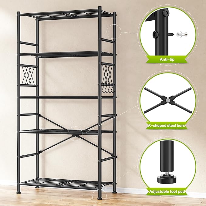 5-Storage Shelves Wire Shelving with Hooks, Metal Shelving Units Shelf Organizer, Wobble-Free Storage Rack with Adjustable Leveling Feet for Kitchen Pantry Laundry Bathroom Dorm,12"D x 30"W x 72"H