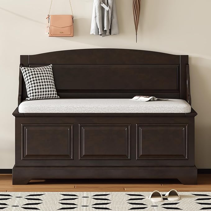 LUMISOL Shoe Storage Bench with Cushion, 41.7“ Farmhouse Entryway Bench with Soft-Close Devices and Hidden Storage, Upholstered Storage Ottoman for Living Room, Entryway, Bedroom, Espresso