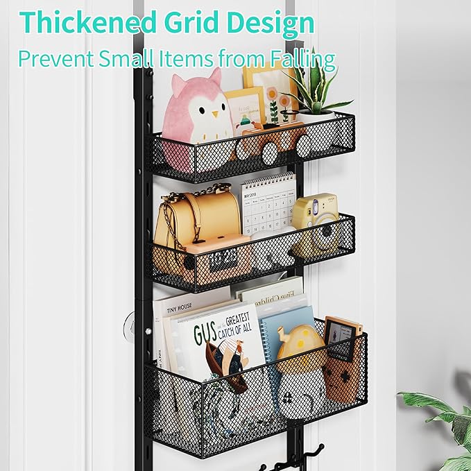 HapiRm Over The Door Hanger with Coat Hooks and 3 Baskets, Rustproof Over The Door Hooks, Storage Organizer for Hats, Towels - Black
