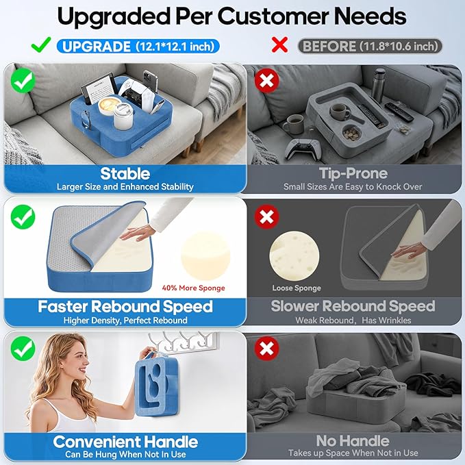 Couch Cup Holder Pillow, Sofa and Bed Organizer Caddy for iPad, Kindle, Switch, Game Controller, Remotes, Phones, Small-Sized Cup & Drink Holder for Couch, Bed, Desk, Car, Desk, Beach, Blue