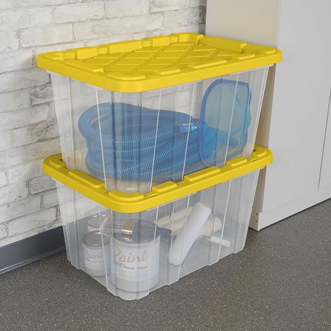 Sterilite 4-Pack Industrial Storage Box, Plastic Container Bins w/Lids, 27 Gallon, Yellow - Heavy-Duty Organizing Containers for Closet, Bathroom, and Office