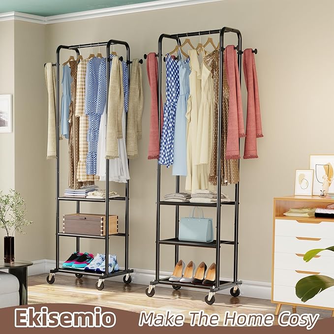 Ekisemio Heavy Duty Clothing Rack with Wheels, Modern Garment Rack with 3 Metal Shelves, Black