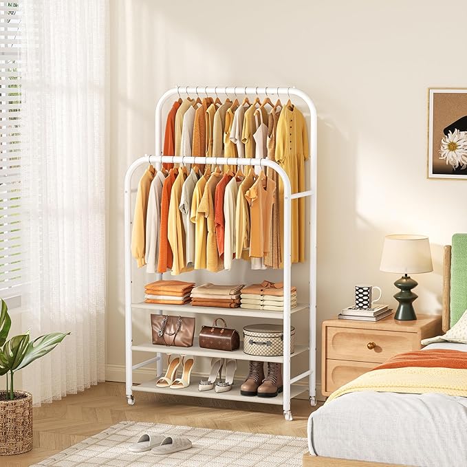 HOMIDEC Double Rods Clothes Rack Clothing Rack with 3 Tier Storage Shelves Clothes Rack for Hanging Clothes Multifunctional Heavy Duty Clothes Organizer for Bedroom,Wardrobe Closet,Shop,White