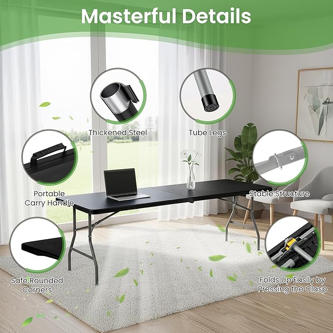 Folding Table 8FT Portable Heavy Duty Plastic Table with Carrying Handle Fold-in-Half Utility Foldable Tables for Parties Wedding Events Dining Indoor Outdoor Picnic (Black)
