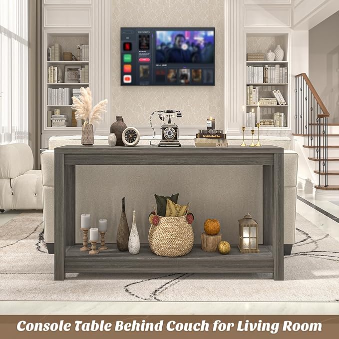 Besiost 47" Farmhouse Wood Entryway Table Narrow Console Table with Storage Behind Couch Sofa Table with Shelves Entry Way Table with Open Storage, Easy Assembly, Grey Walnut