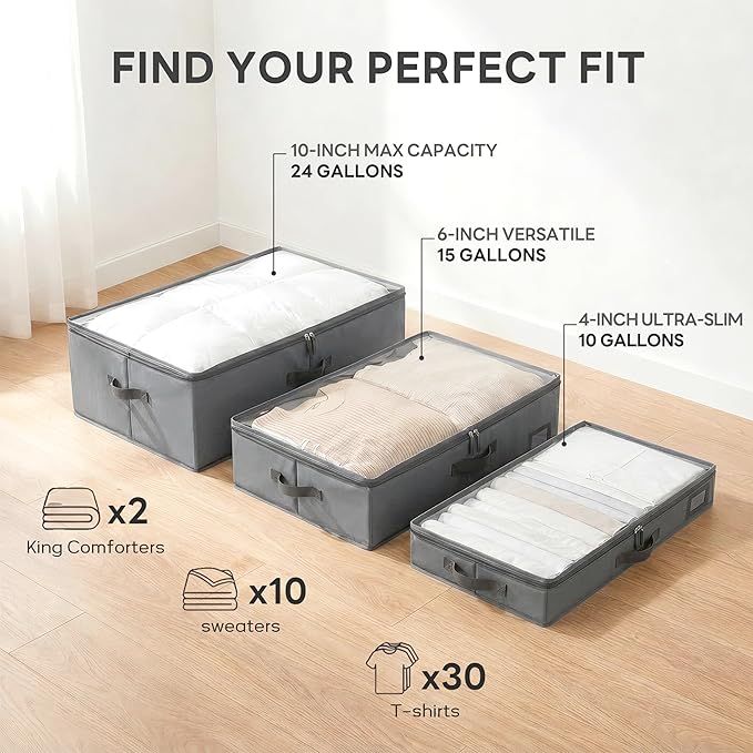 4-Inch Under Bed Storage Containers (2-Pack) | Sturdy Sidewalls | Clear Cover & Label Holder | Foldable Fabric Closet Bin Organizer | Stores Clothing/Blankets/Sweaters/Sheets