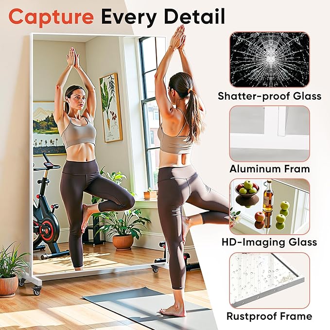 Suidia 82"x44" Extra Large Full Length Mirror on Wheels, 360° Swivel Rolling Mirror Floor, HD Tempered Glass Full Body Standing Mirrors for Home Gym, Yoga, Dance Studio, Bedroom, Rectangular, White