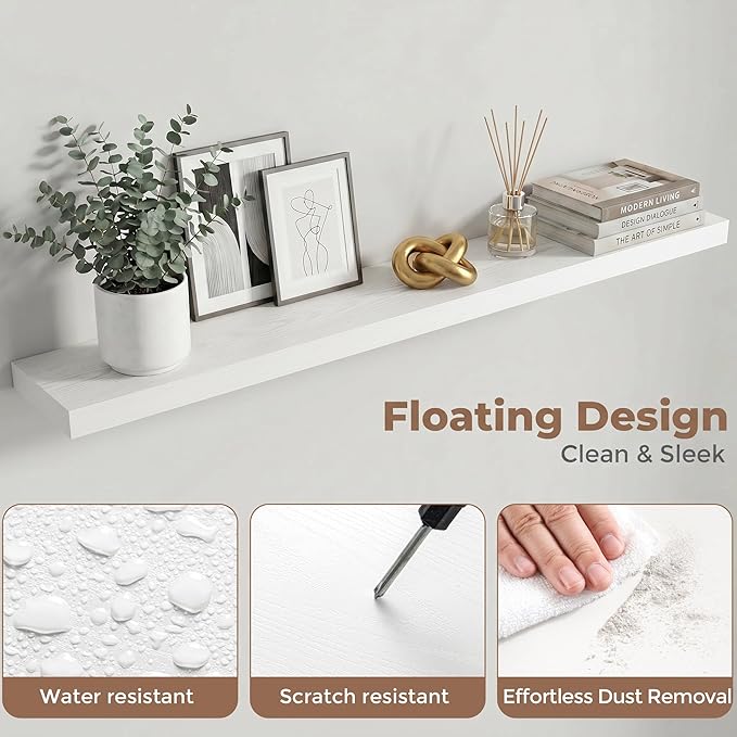 Venusmiles Floating Shelves for Wall, 48 Inch Floating Shelves Set of 2, 6.5" D Wooden Wall Mounted Display Shelves with Invisible Brackets for Living Room, Bedroom, Bathroom, Kitchen Decor, White